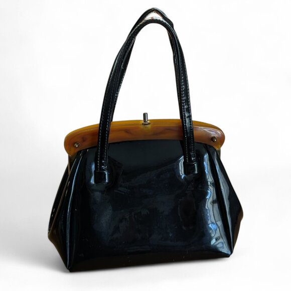 Vintage 1950s/60s Black Patent Leather Handbag with Lucite Handle - Picture 4 of 8